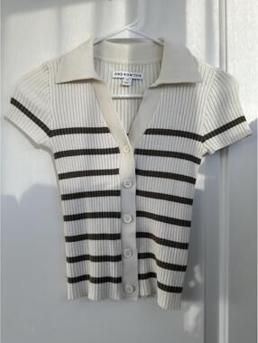 Button Ribbed Polo Short Sleeve Sweater And Now This Green Stripe XXS